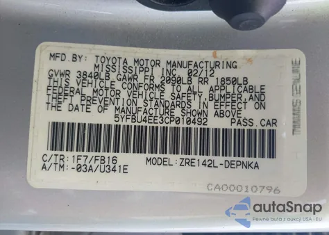 2012 Toyota Corolla Le from USA, damaged, VIN 5YFBU4EE3CP010492
